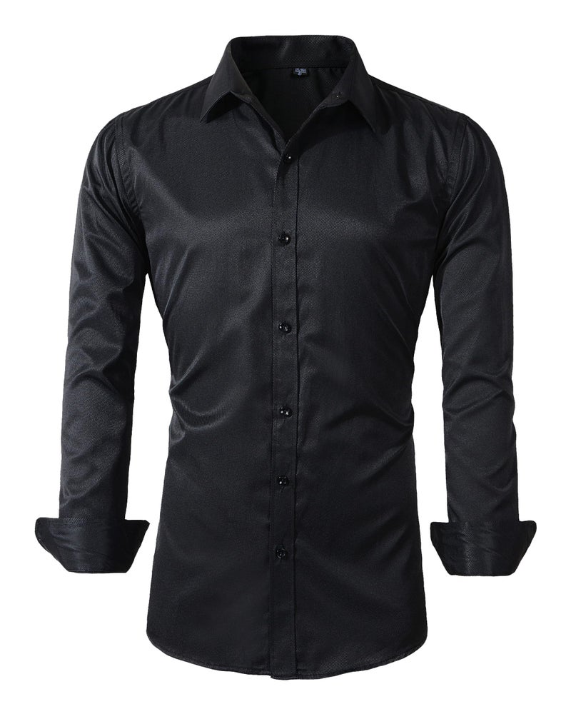 Beninos Men's Dress Shirts Solid Long Sleeve Texture Formal Shirt Business Casual Button Down Shirts (C455 Black, M) - Image 1